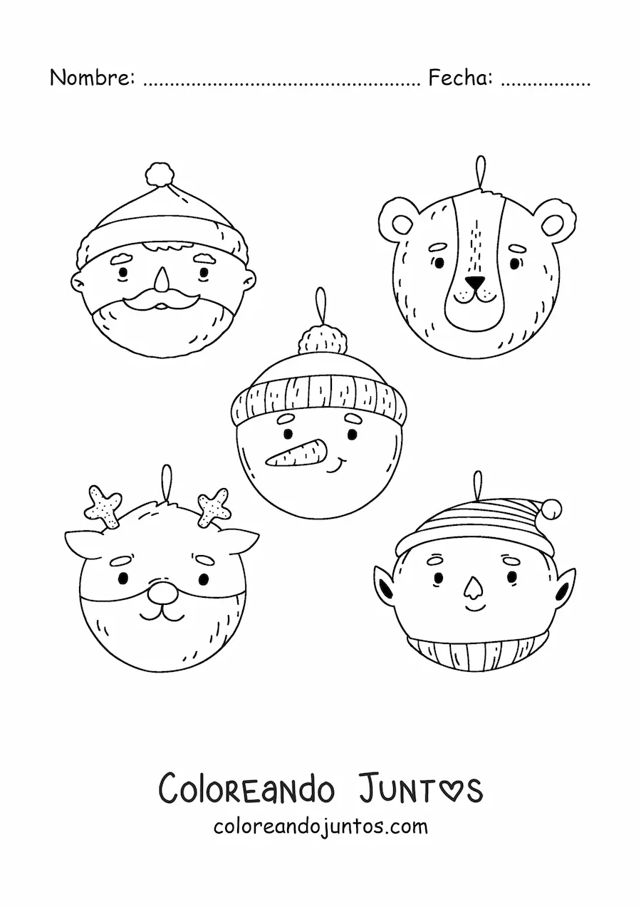 Imagen para colorear de esferas navideñas con forma de oso, Santa, elfo, reno y hombre de nieve