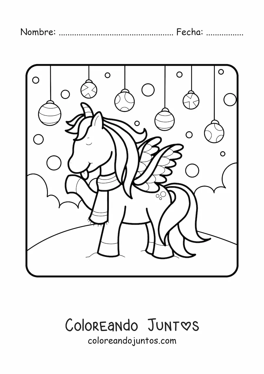Imagen para colorear de un unicornio con esferas de Navidad en el fondo