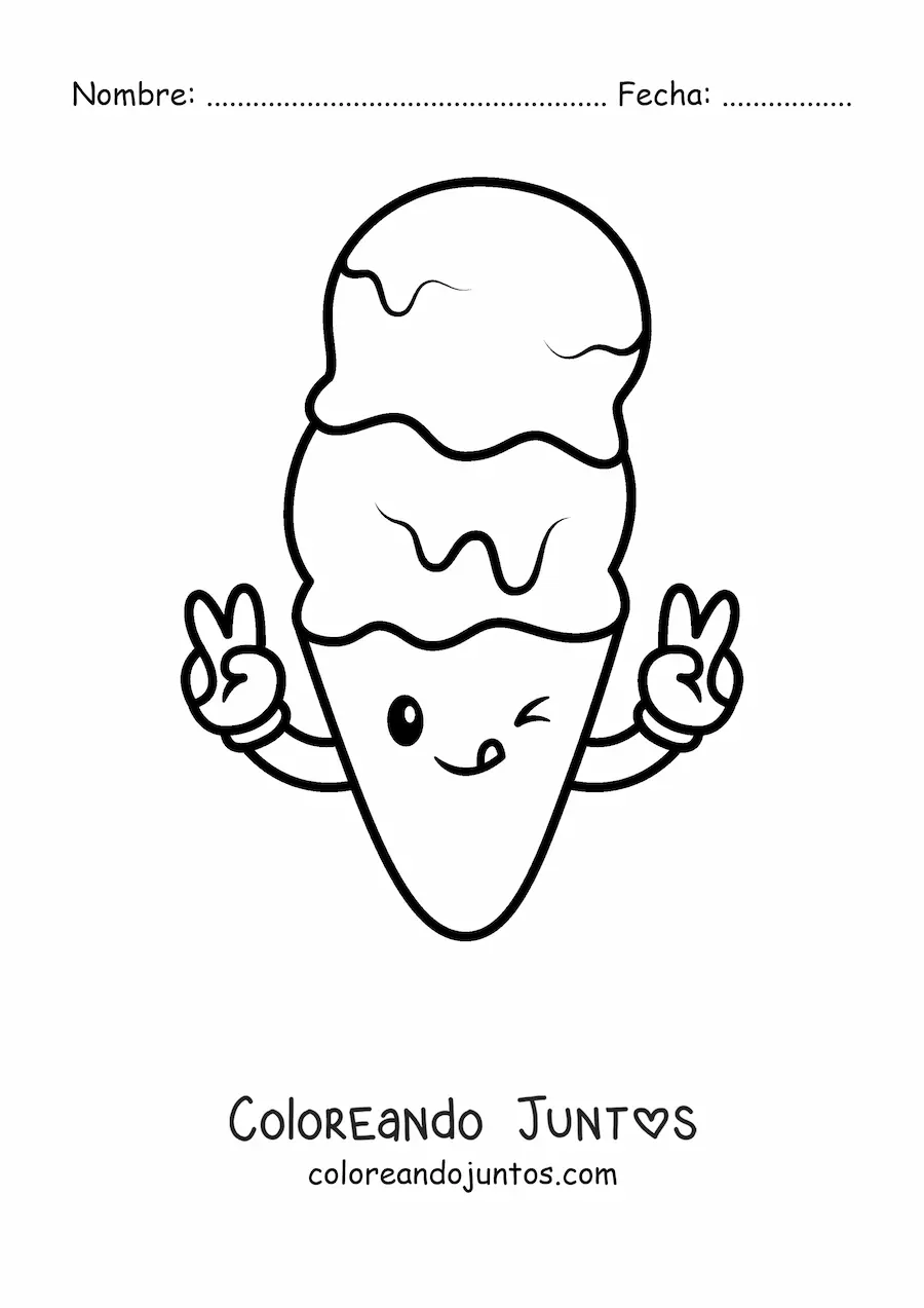 Imagen para colorear de un cono de helado animado saludando y guiñando un ojo