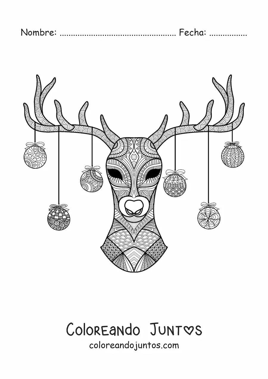 Imagen para colorear de un reno con esferas de Navidad colgando de su cornamenta