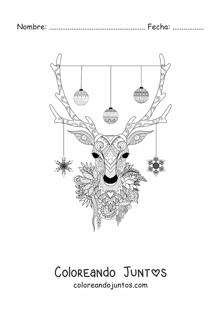 Imagen para colorear de un reno con bolas de Navidad colgando de su cornamenta