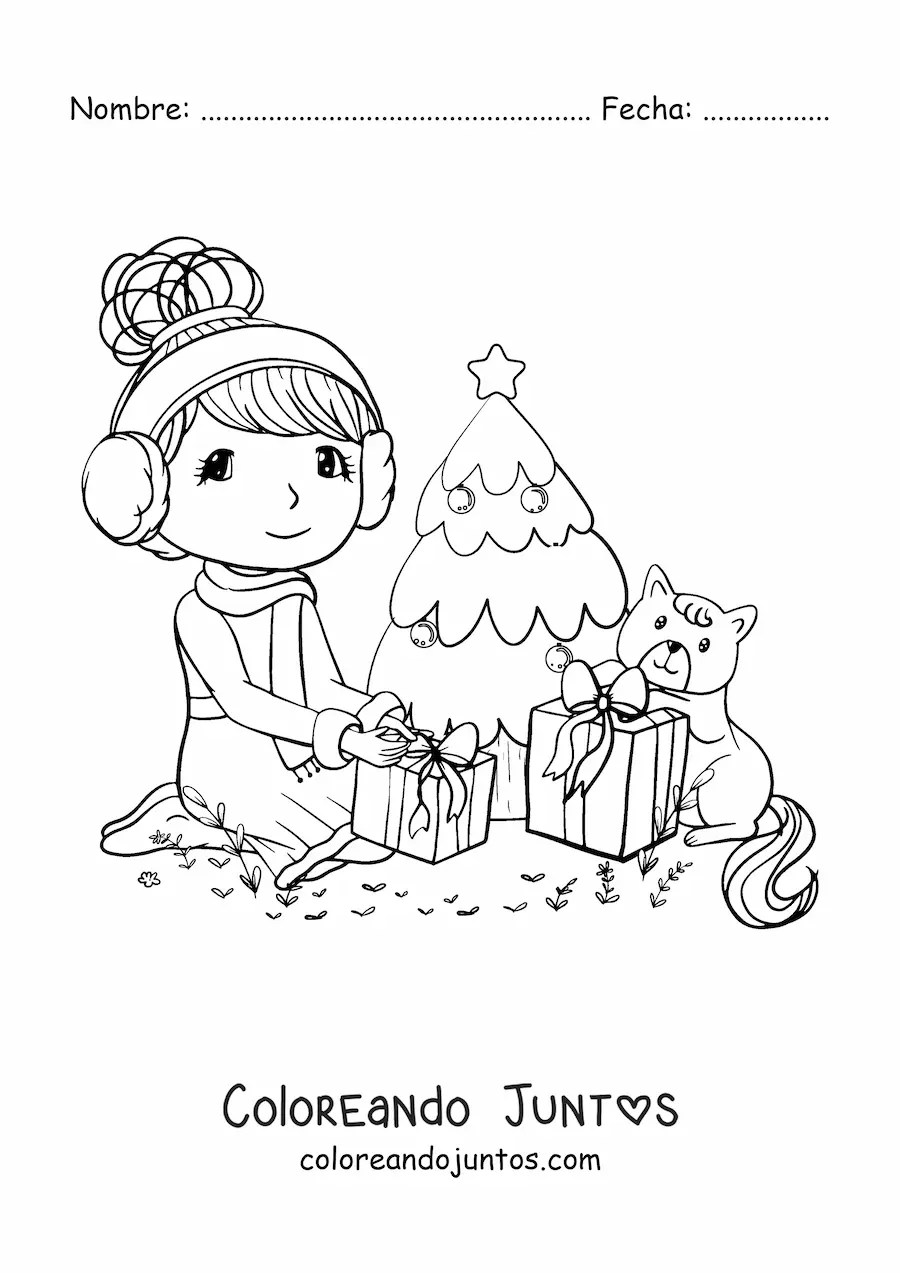 Imagen para colorear de niña con gato kawaii abriendo regalos en Navidad
