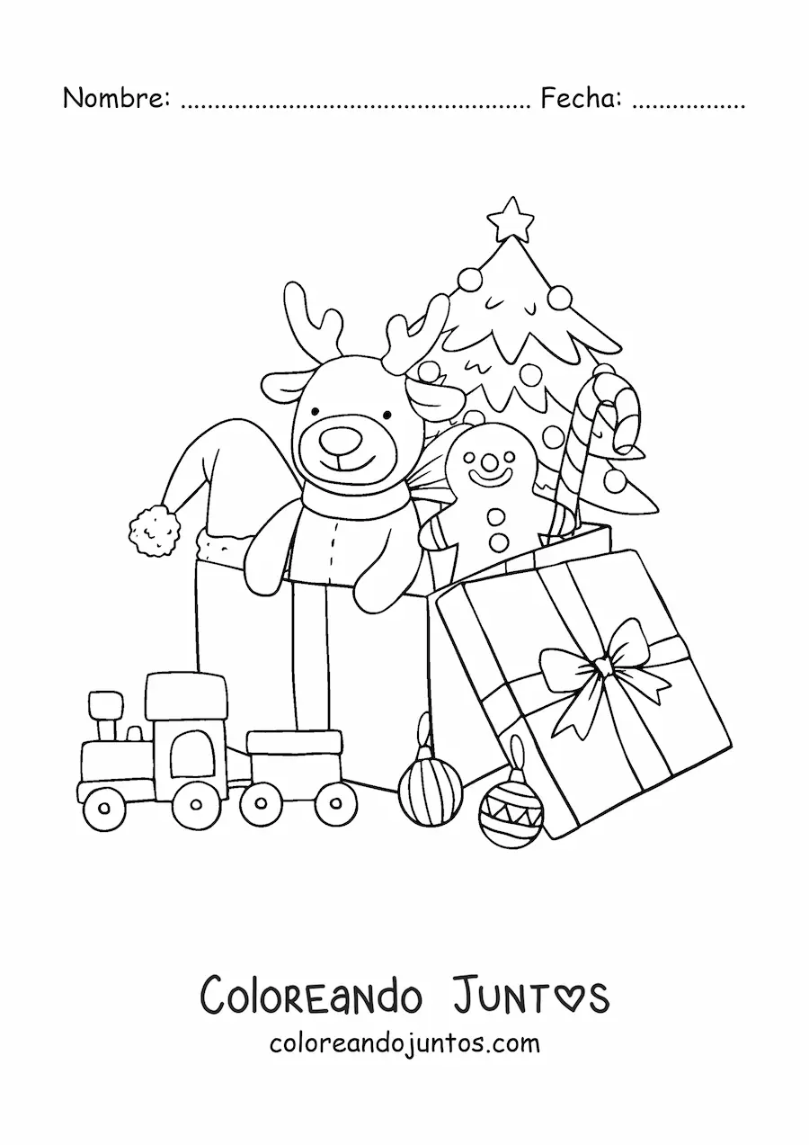 Imagen para colorear de caja de regalo navideña con juguetes
