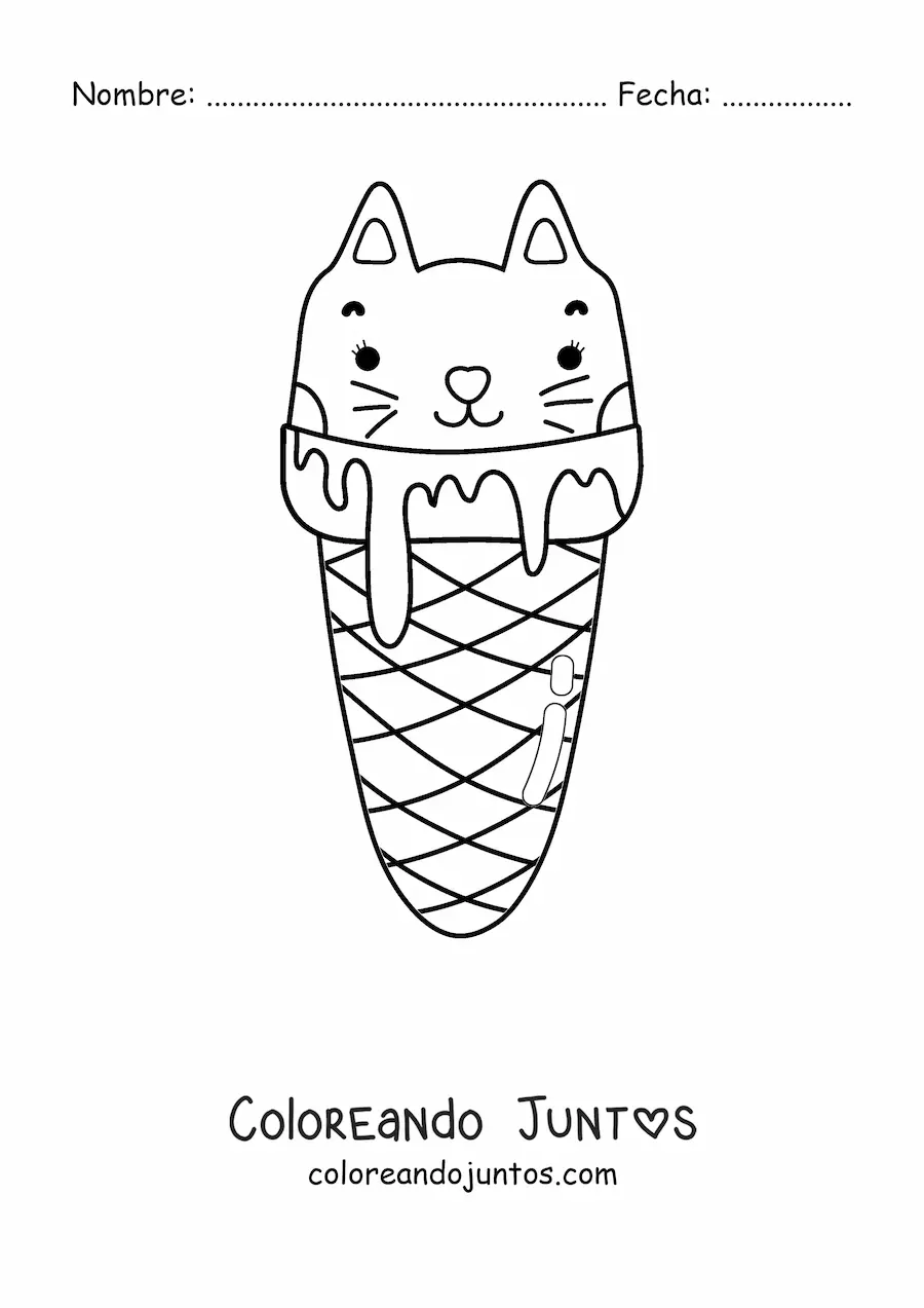 Imagen para colorear de un gato como bola de helado kawaii en una barquilla