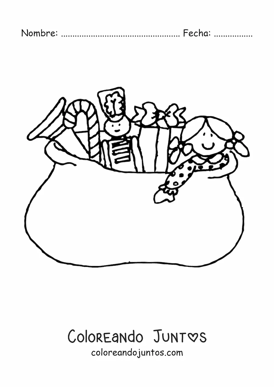 Imagen para colorear de saco de regalos navideños con juguetes