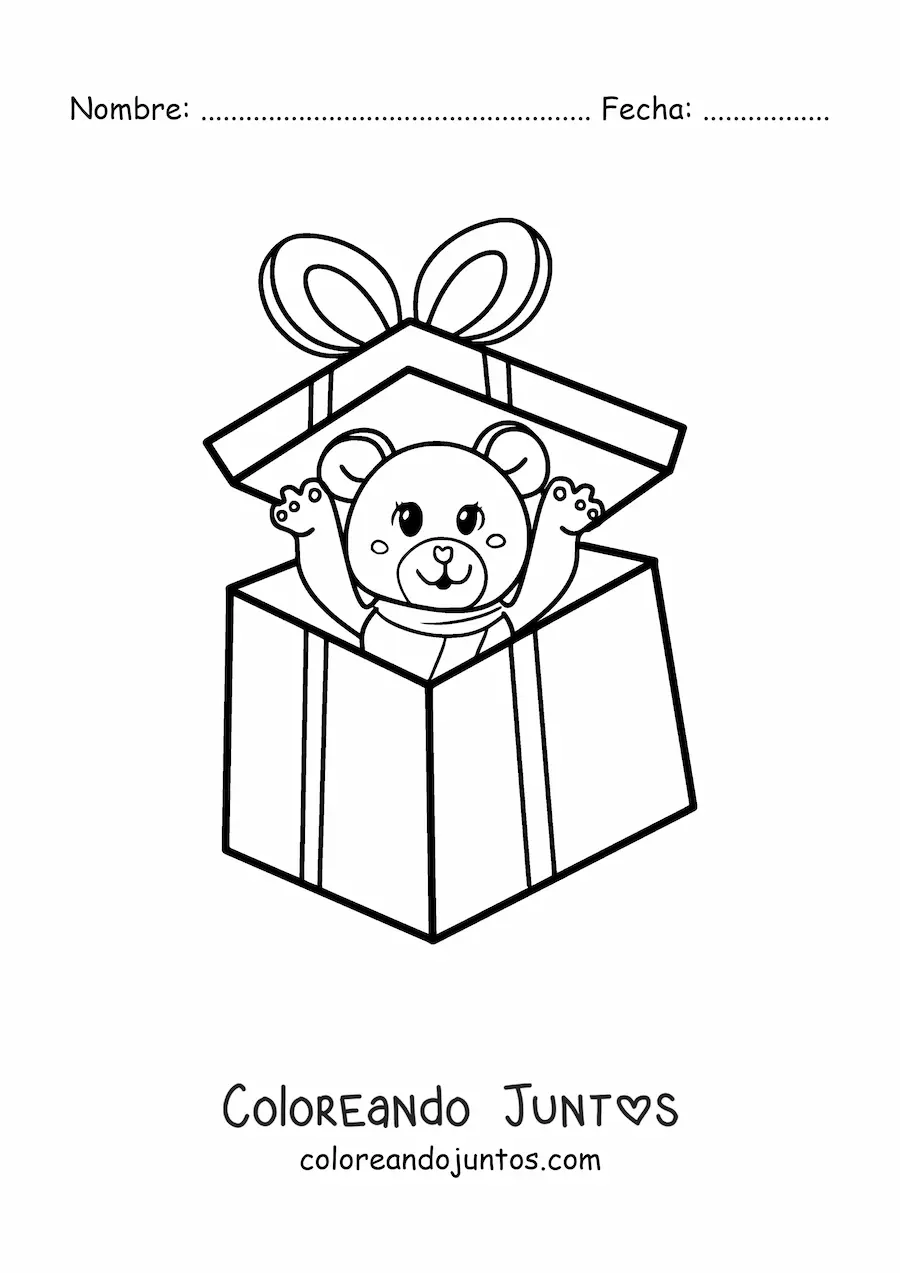 Imagen para colorear de un oso de peluche dentro de una caja de regalo de Navidad