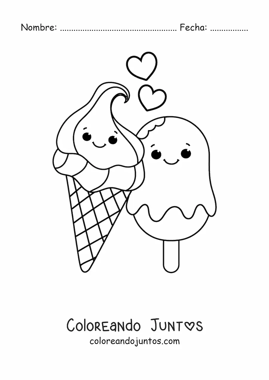Imagen para colorear de una pareja de helados kawaii romántica