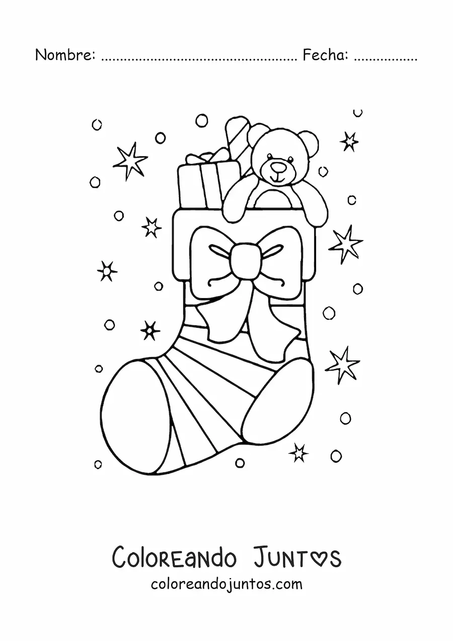 Imagen para colorear de calcetín de Navidad con lazo y oso de peluche
