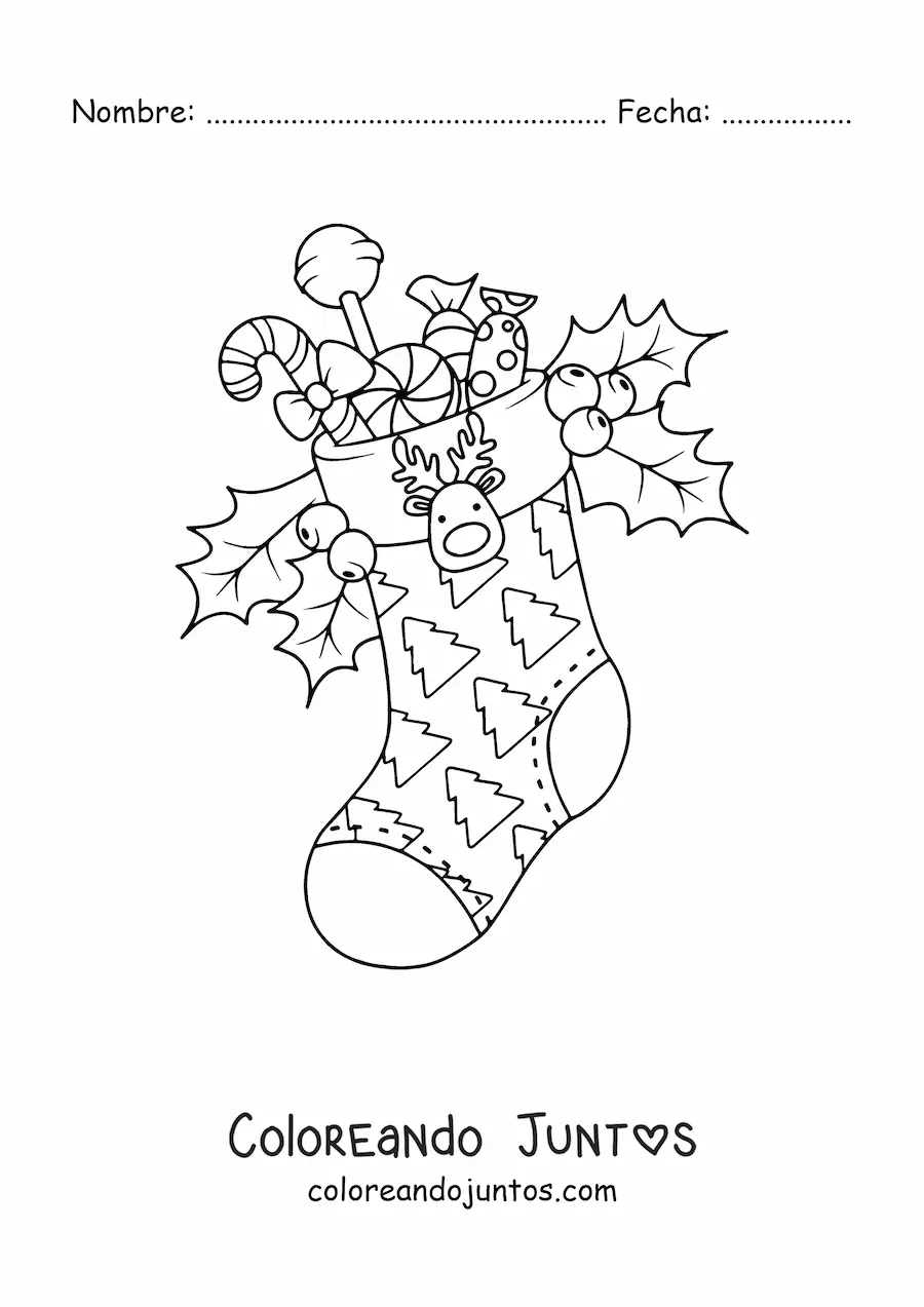 Imagen para colorear de bota de Navidad con dulces y adorno de reno