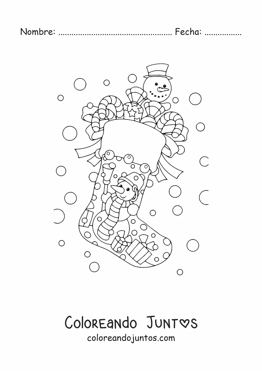 Imagen para colorear de calcetín de Navidad con hombre de nieve