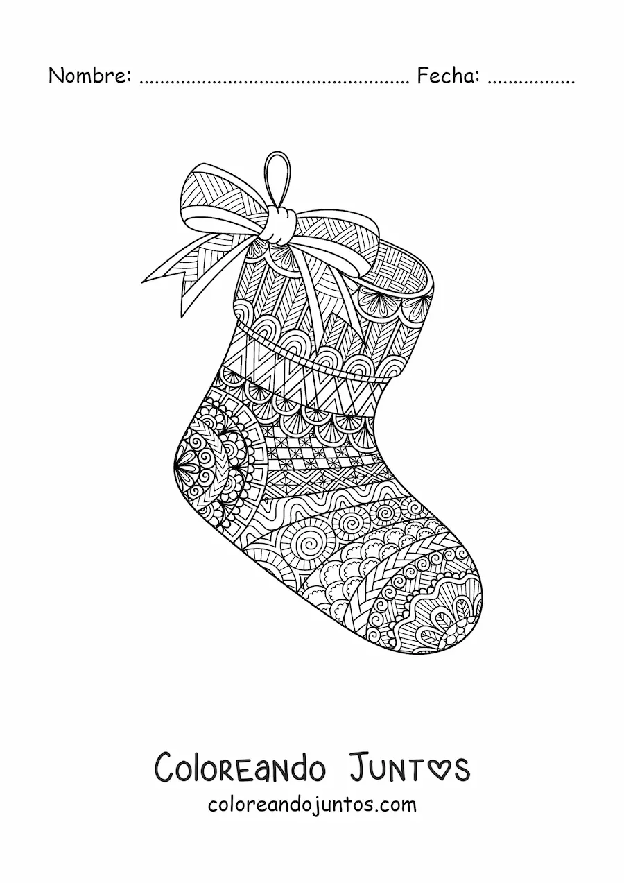 Imagen para colorear de calcetín de Navidad estilo zentangle
