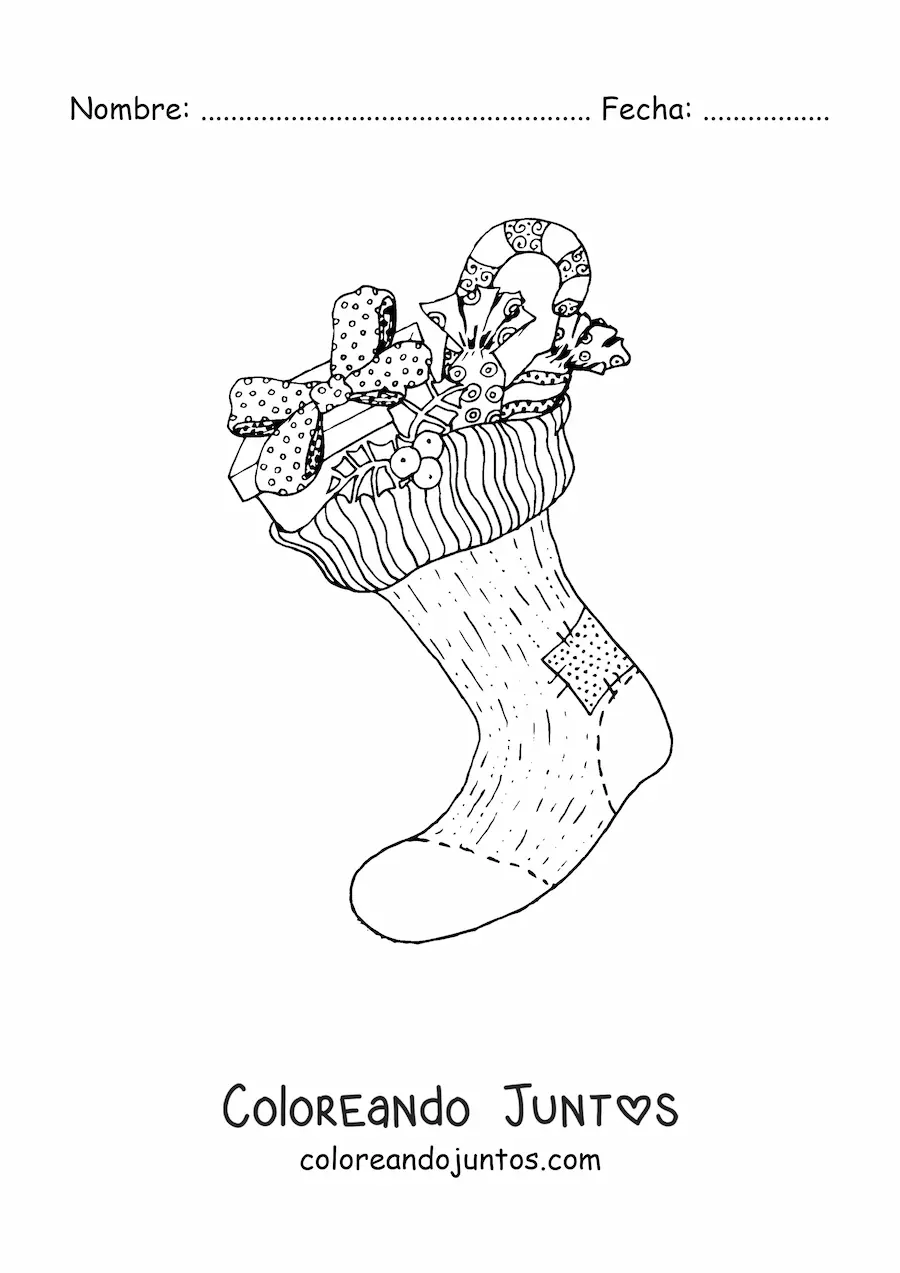 Imagen para colorear de calcetín de Navidad realista con regalos