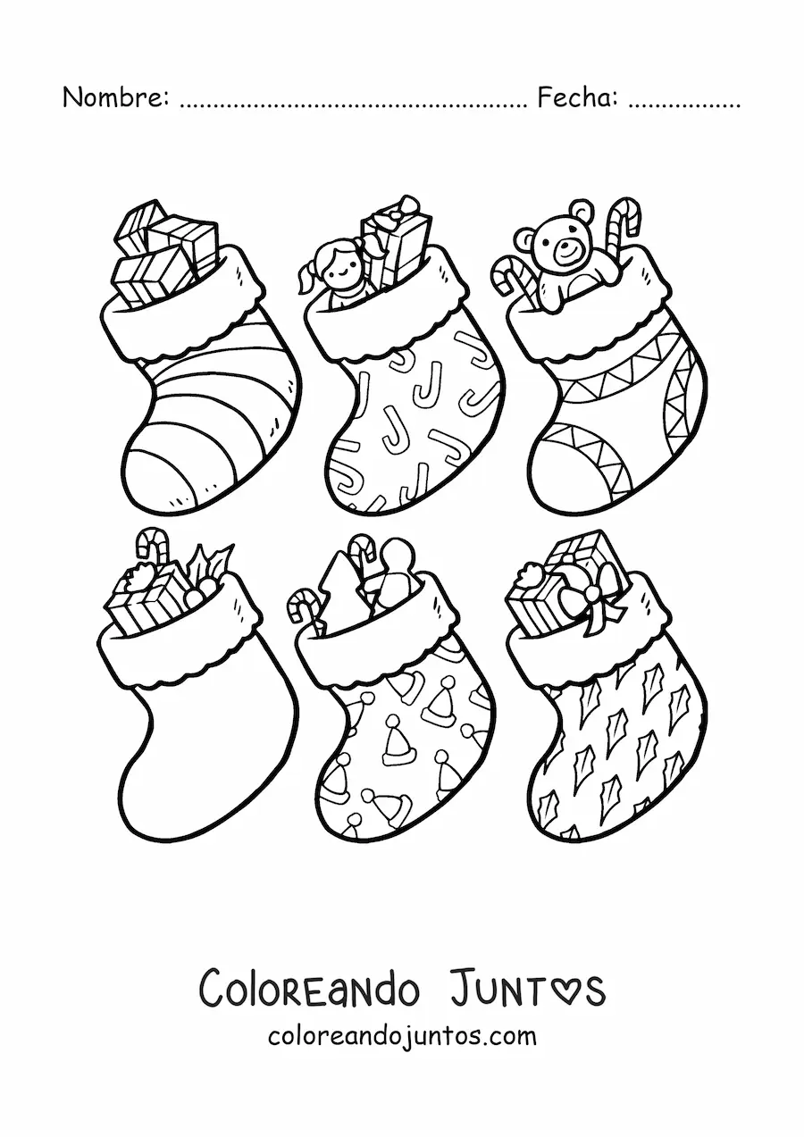 Imagen para colorear de botitas navideñas con regalos