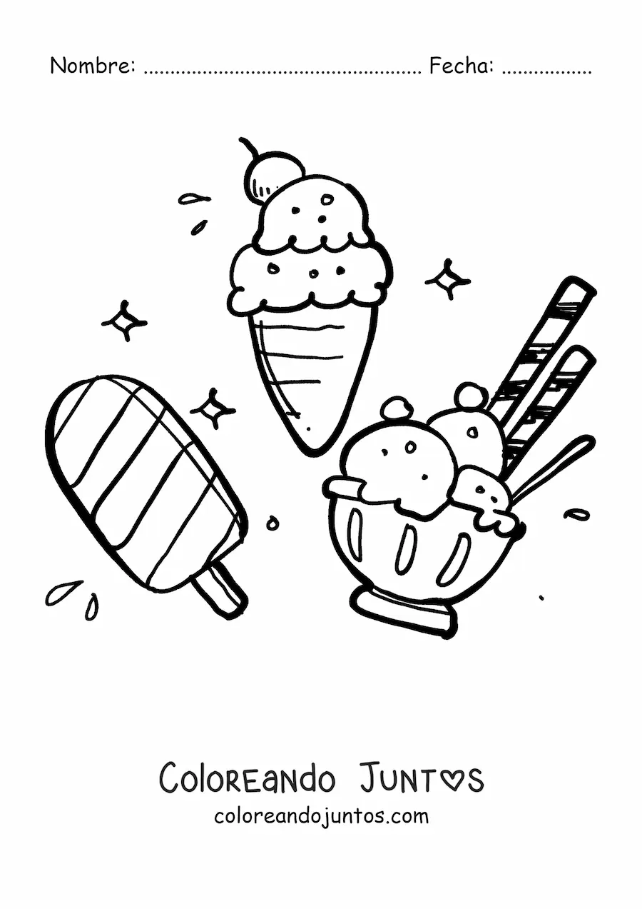 Imagen para colorear de un helado de paleta con una copa de helado y una barquilla