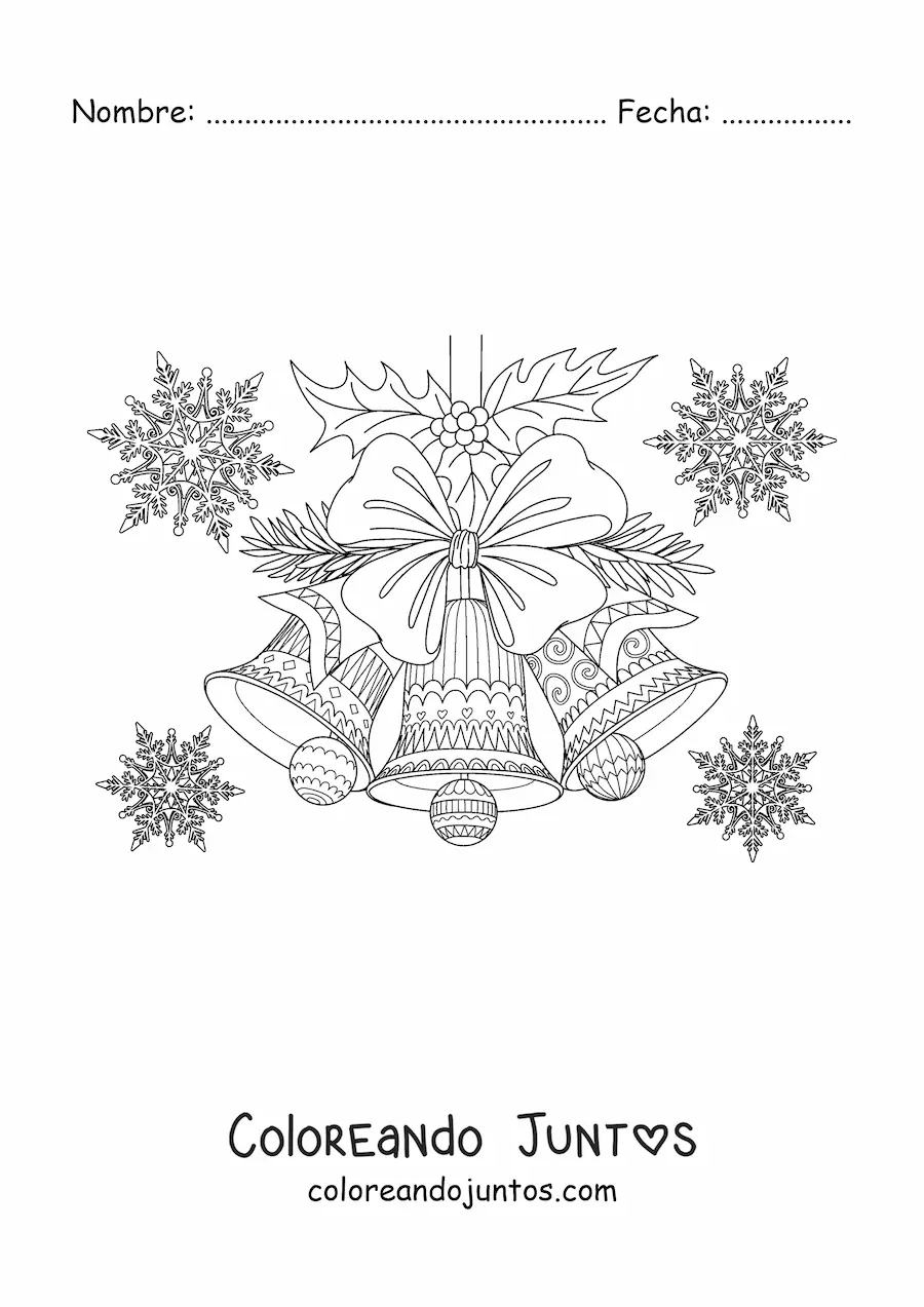 Imagen para colorear de campanas navideñas decoradas con copos de nieve