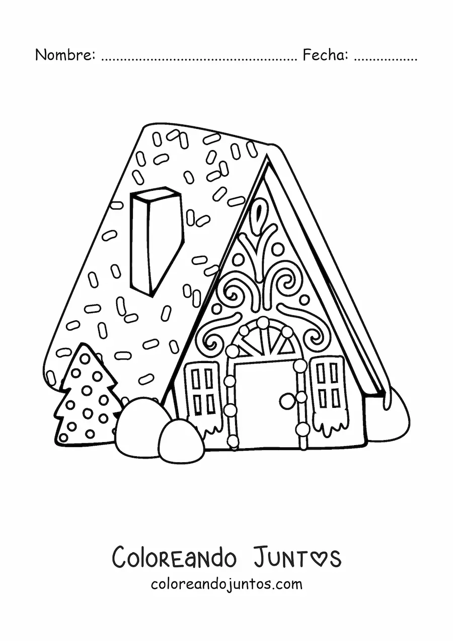 Imagen para colorear de casa de jengibre con árbol de Navidad