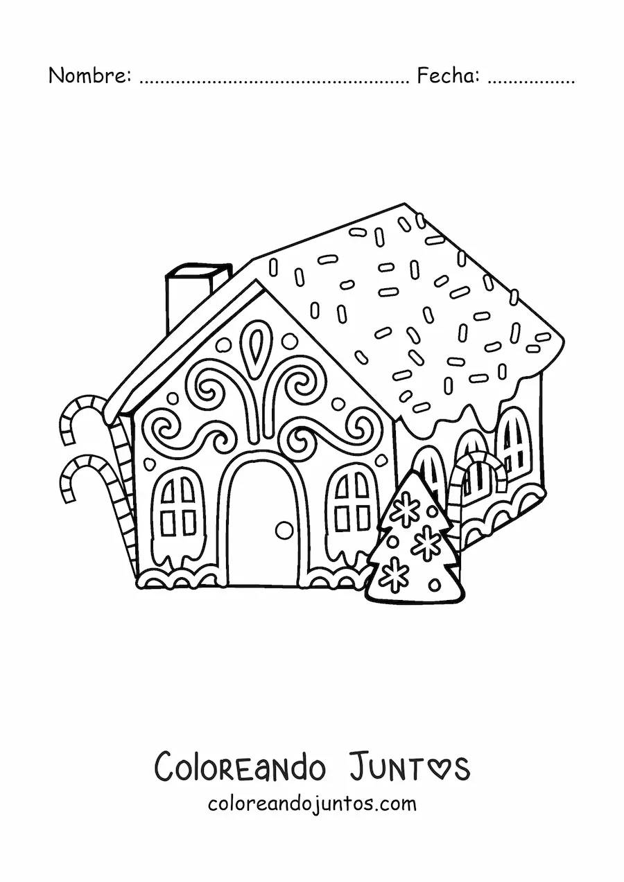 Imagen para colorear de casa de jengibre con árbol de Navidad y bastones de caramelo