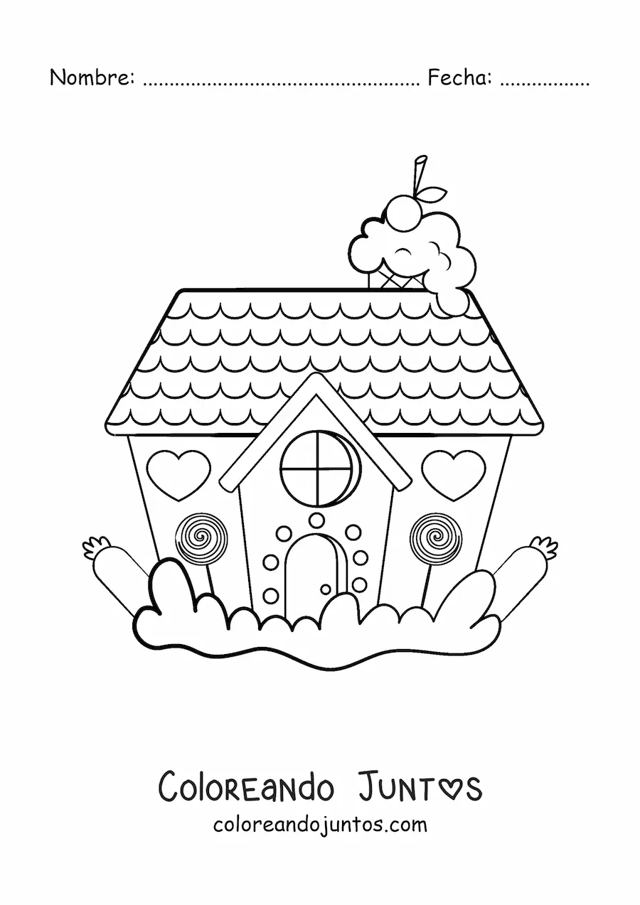 Imagen para colorear de casa de jengibre kawaii con corazones