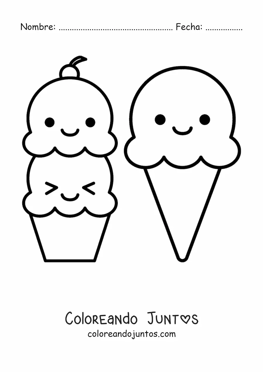 Imagen para colorear de un helado de dos sabores y un helado de barquilla kawaii