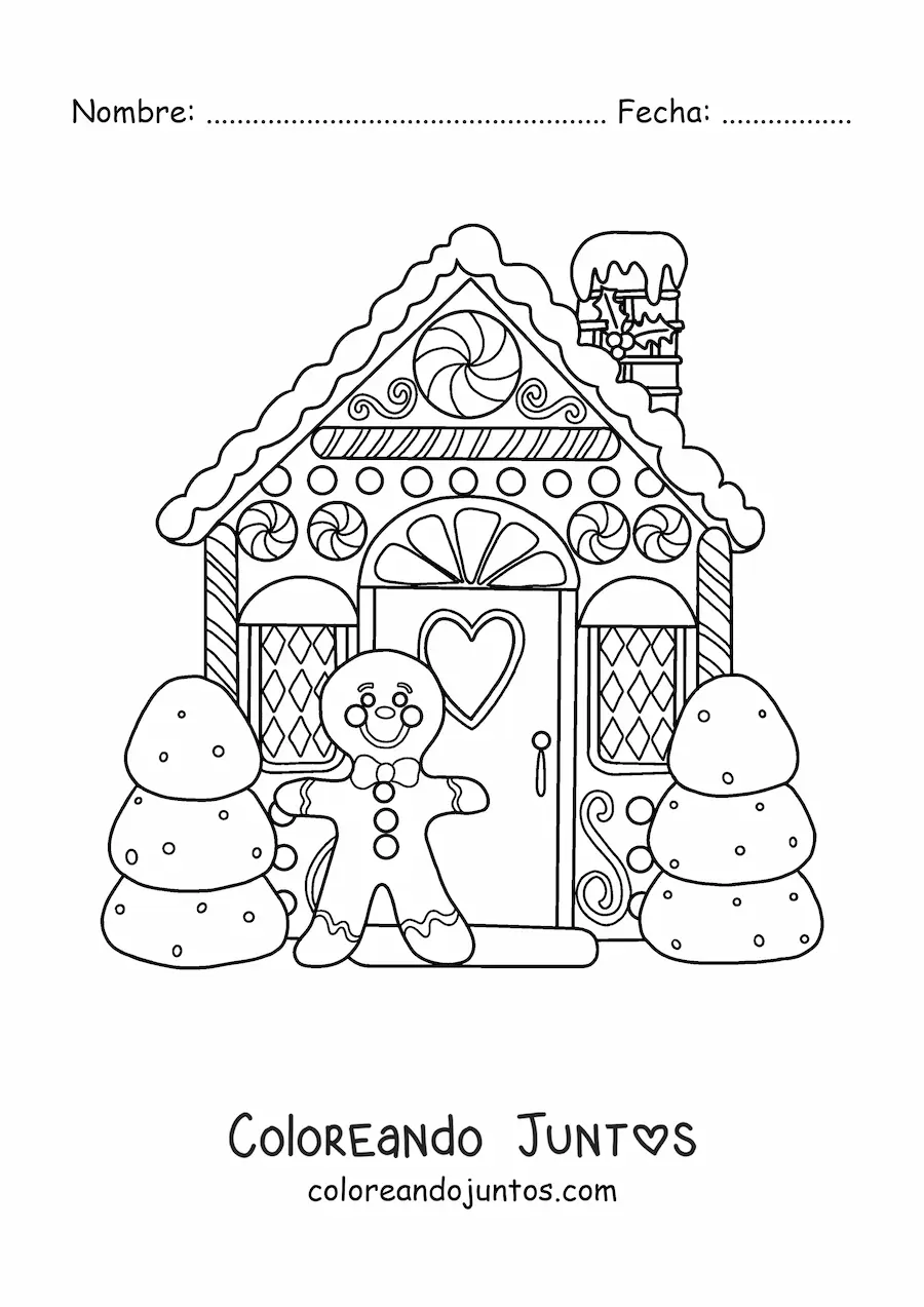 Imagen para colorear de casa de jengibre navideña con hombre de jengibre