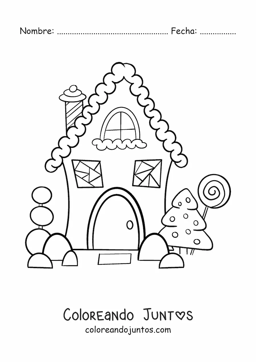 Imagen para colorear de casita de jengibre con pino navideño
