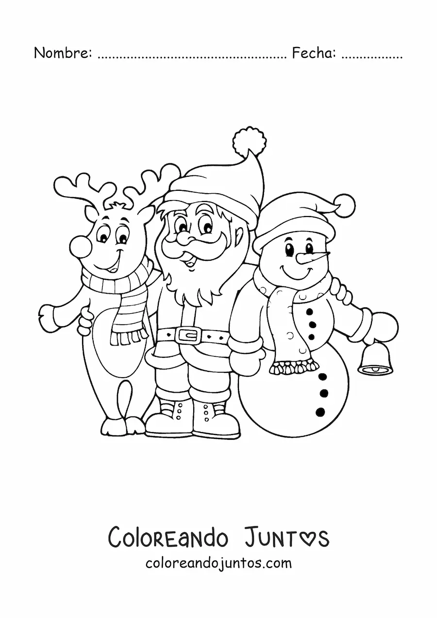 Imagen para colorear de reno navideño con Santa y hombre de nieve