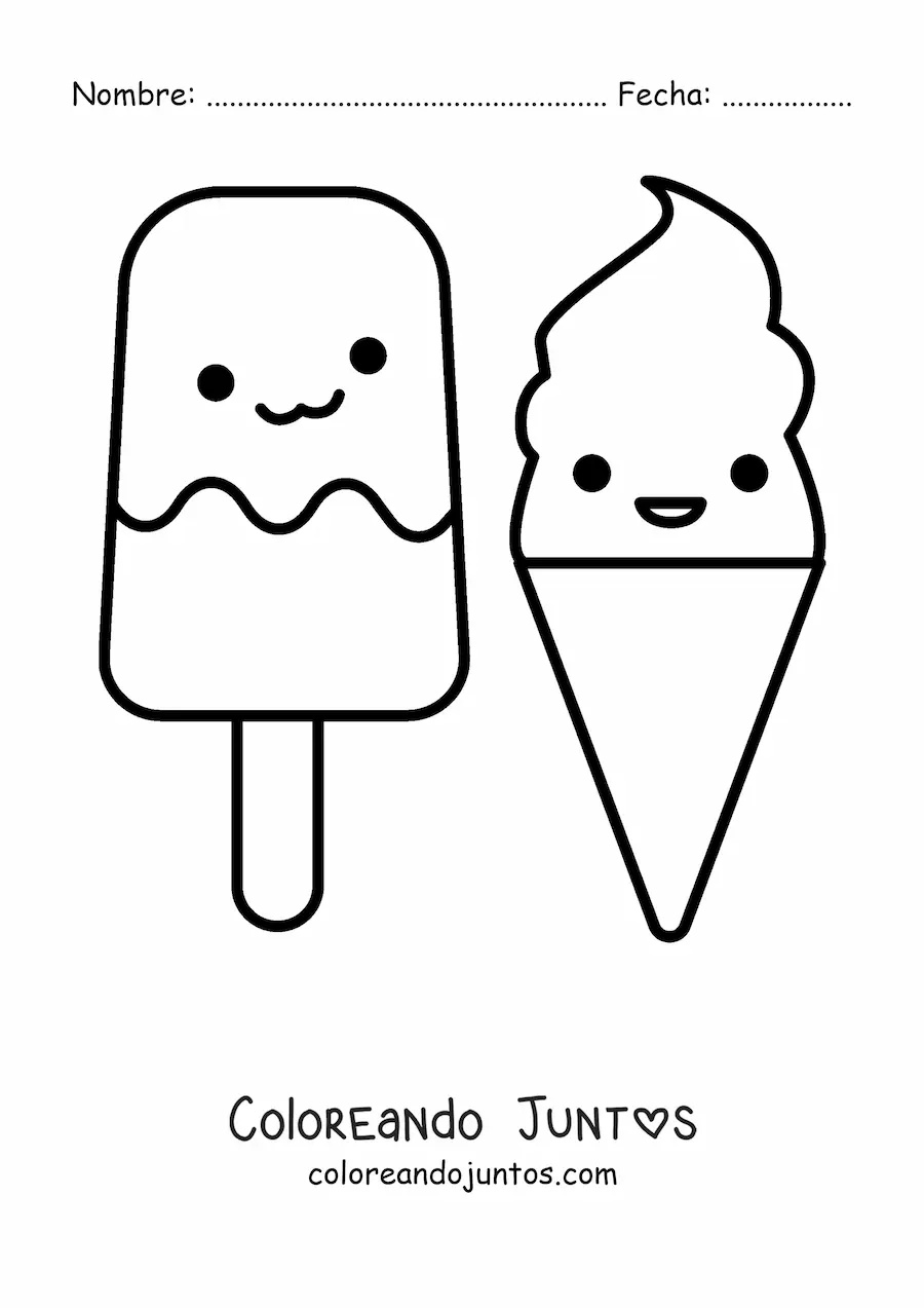 Imagen para colorear de una paleta helada y un helado de barquilla kawaii