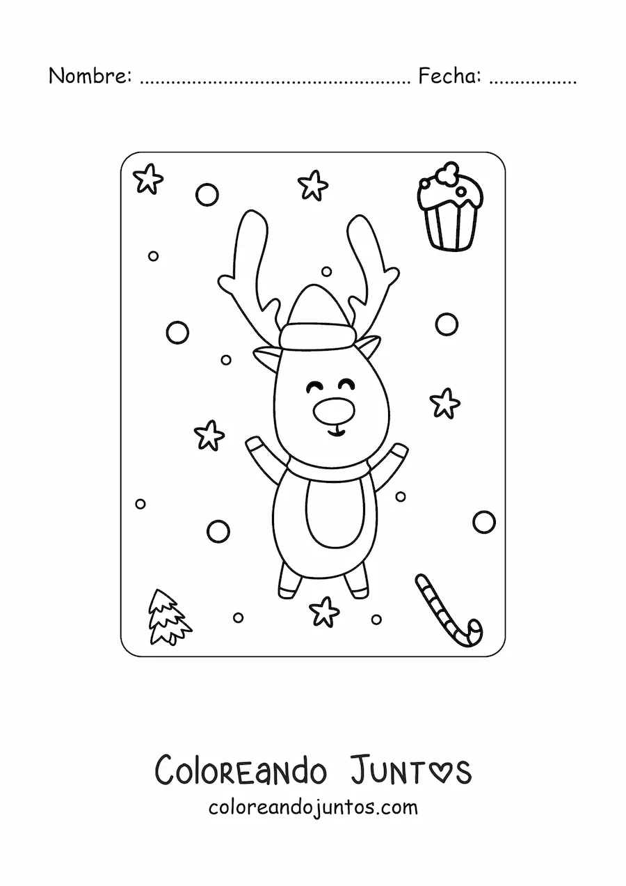 Imagen para colorear de reno de Navidad animado con gorro