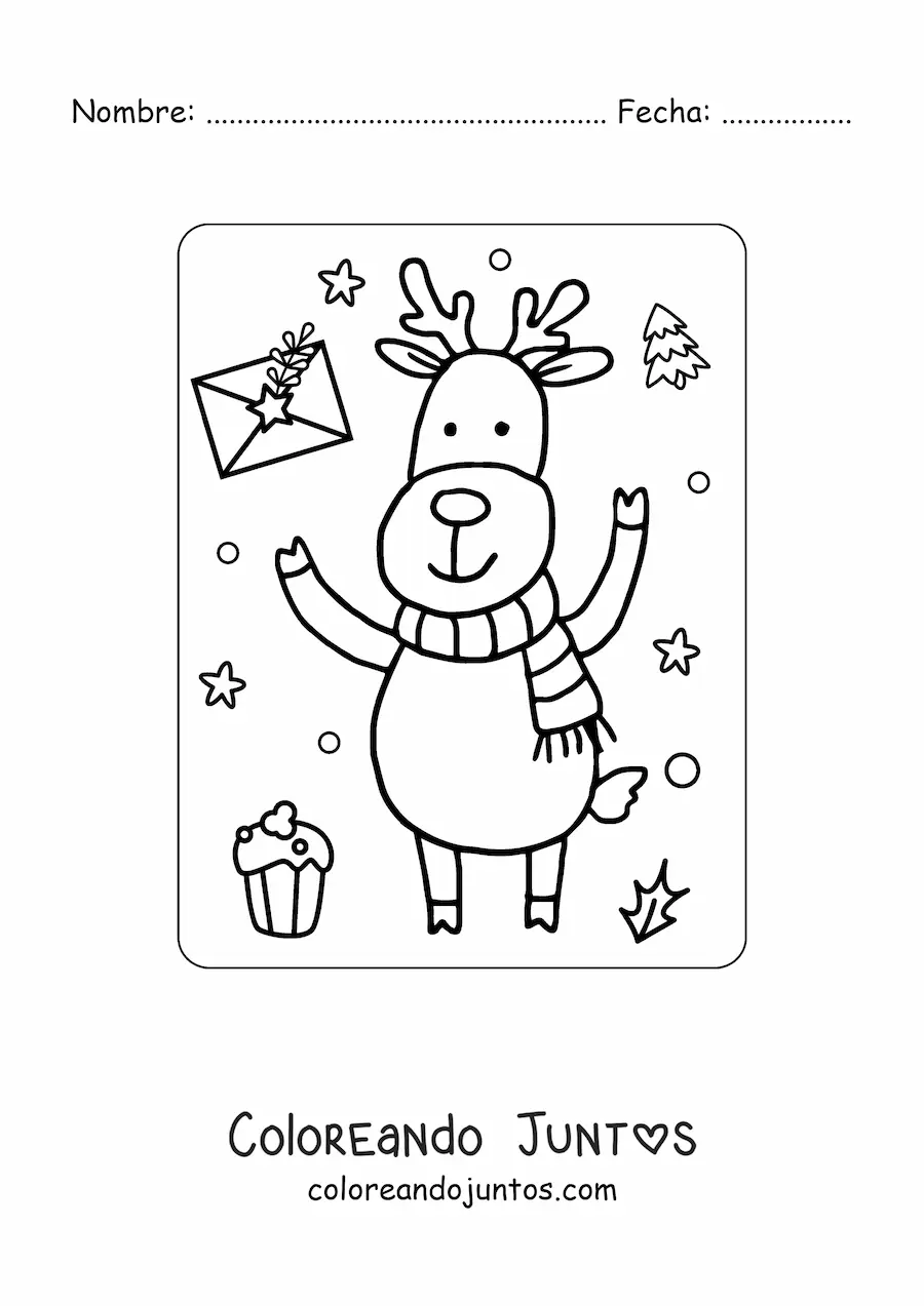 Imagen para colorear de reno de Navidad kawaii animado con bufanda