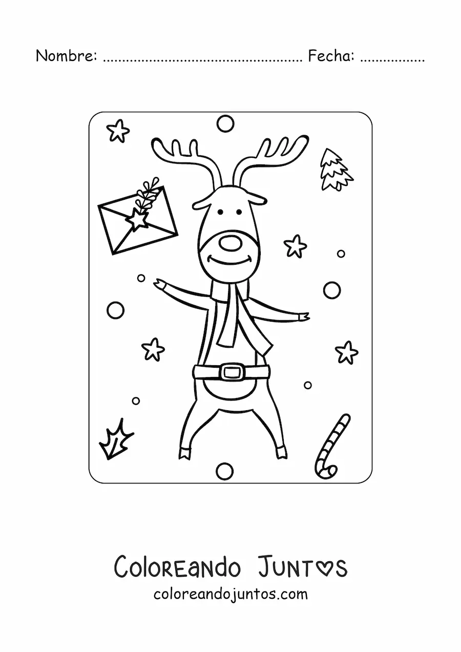 Imagen para colorear de reno de Navidad animado con bufanda