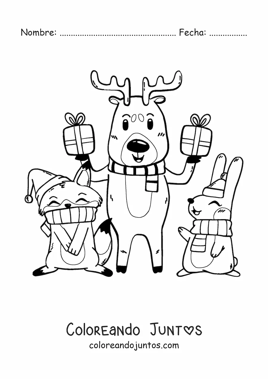Imagen para colorear de reno de Navidad con animales y regalos