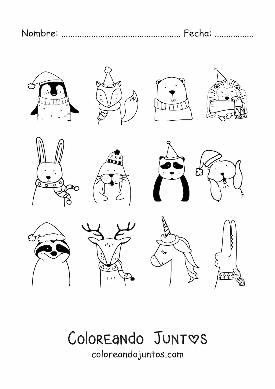 Imagen para colorear de reno de Navidad con animales navideños