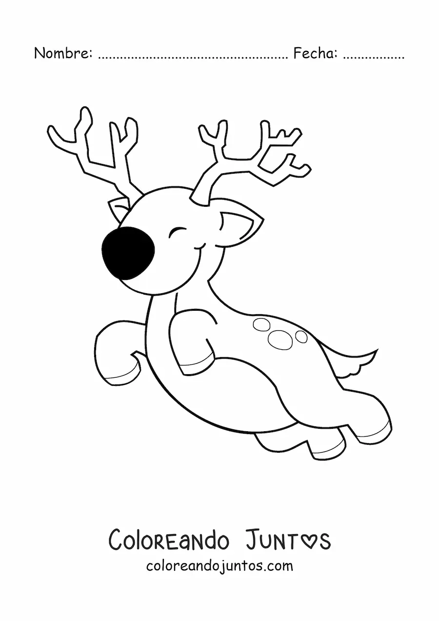 Imagen para colorear de reno de Navidad kawaii volando