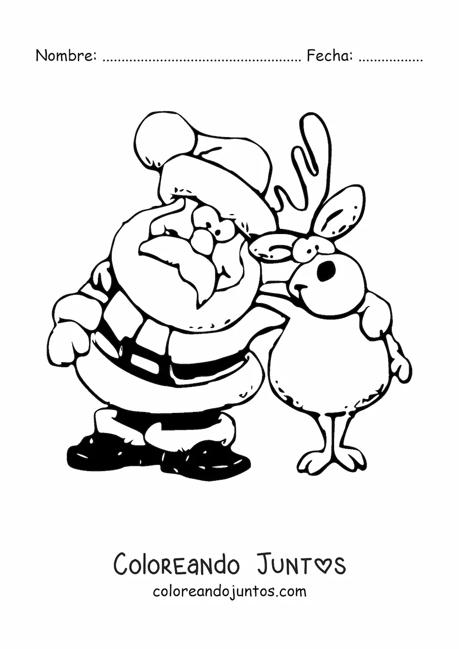 Imagen para colorear de reno de Navidad con Santa Claus
