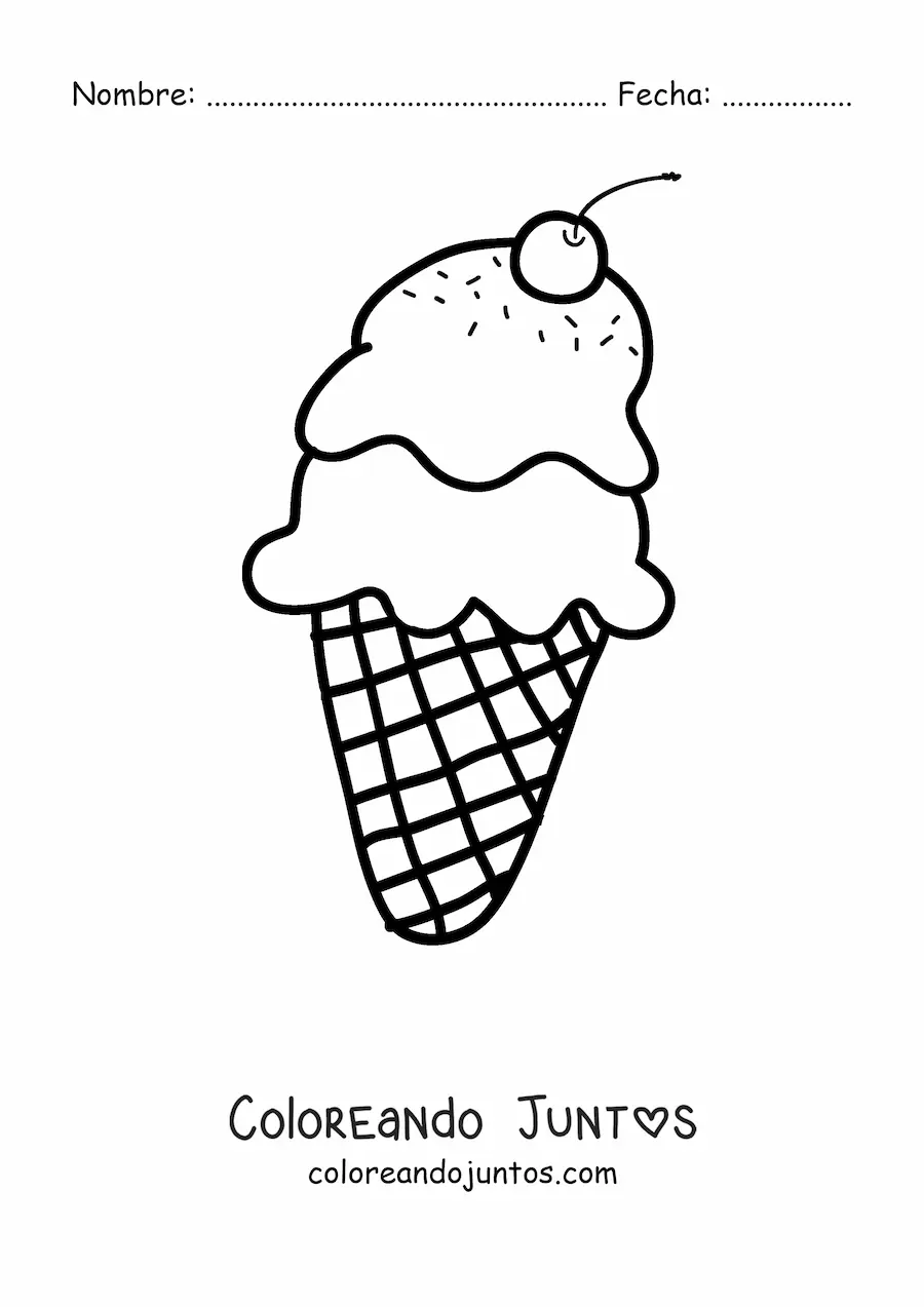 Imagen para colorear de un cono doble de helado con cereza