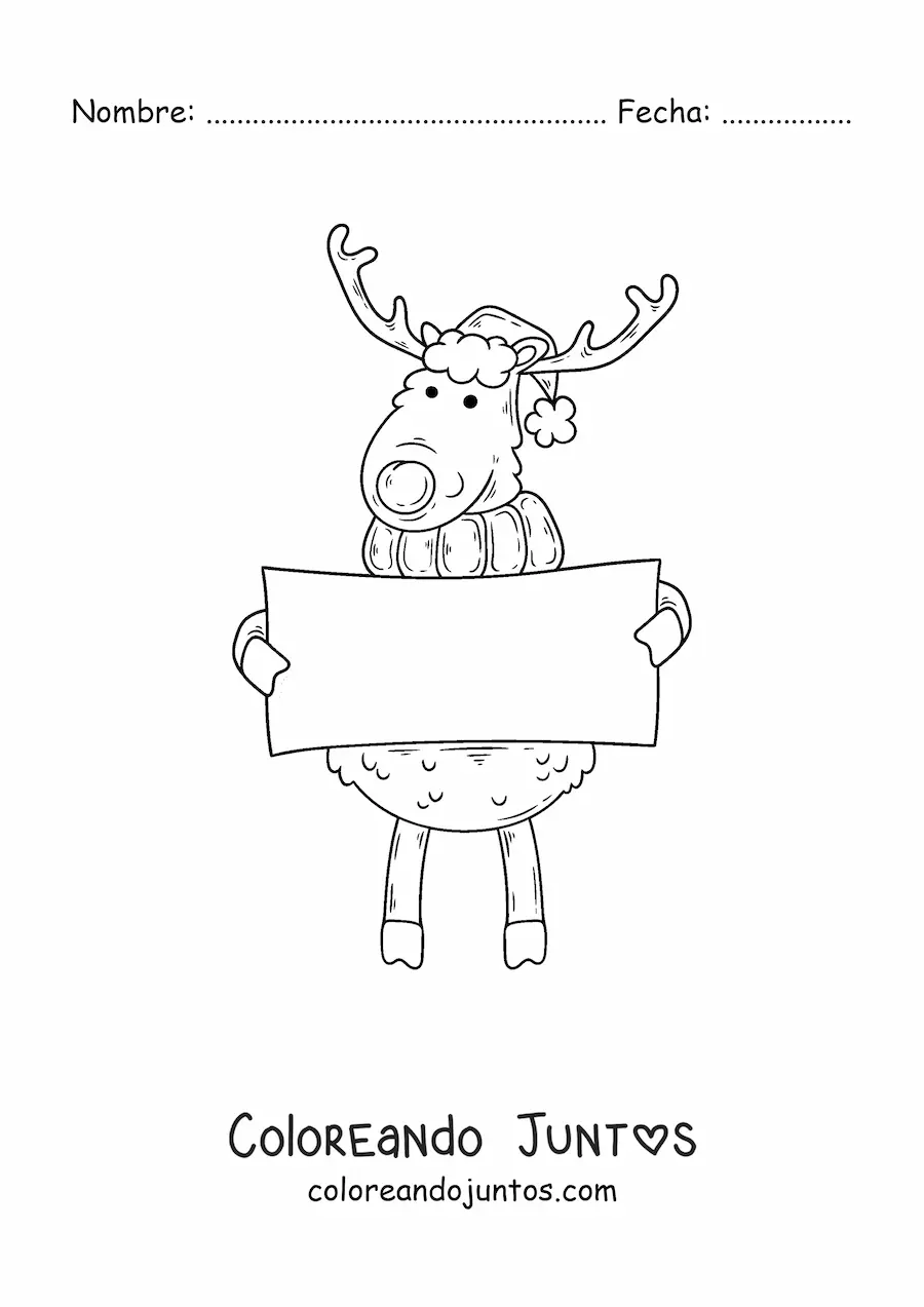 Imagen para colorear de reno con cartel y gorro de Navidad