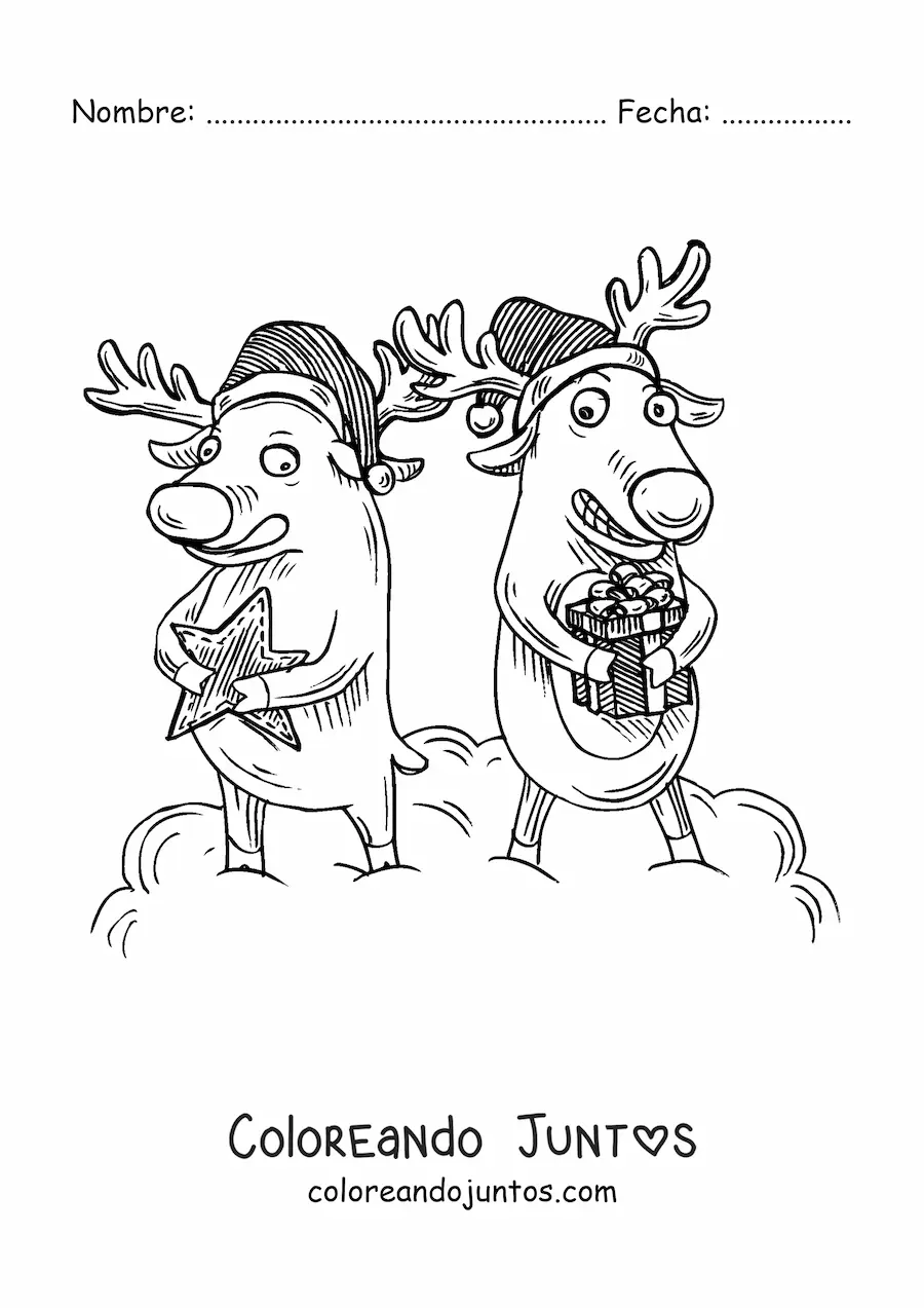 Imagen para colorear de caricatura de renos navideños con regalos