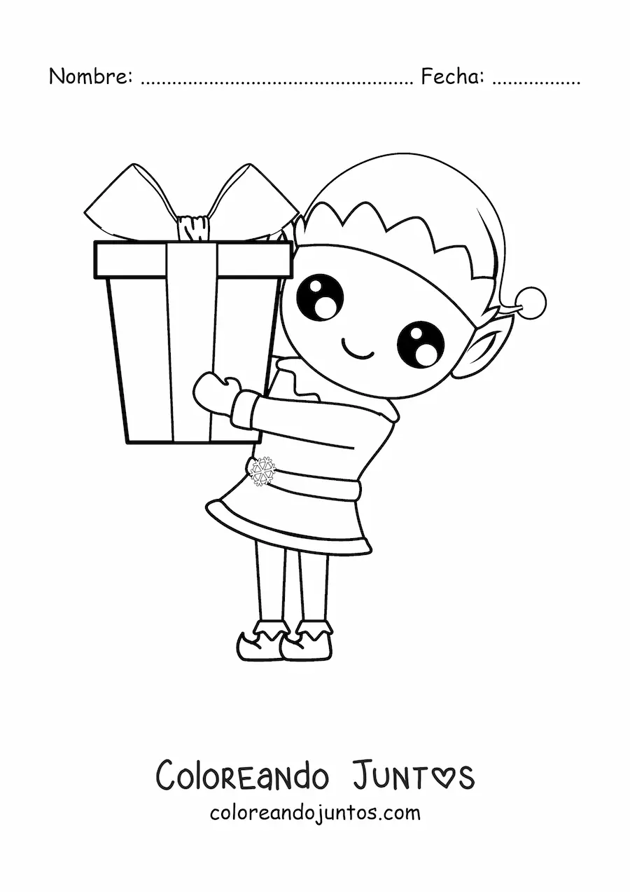 Imagen para colorear de elfo de Navidad con regalo