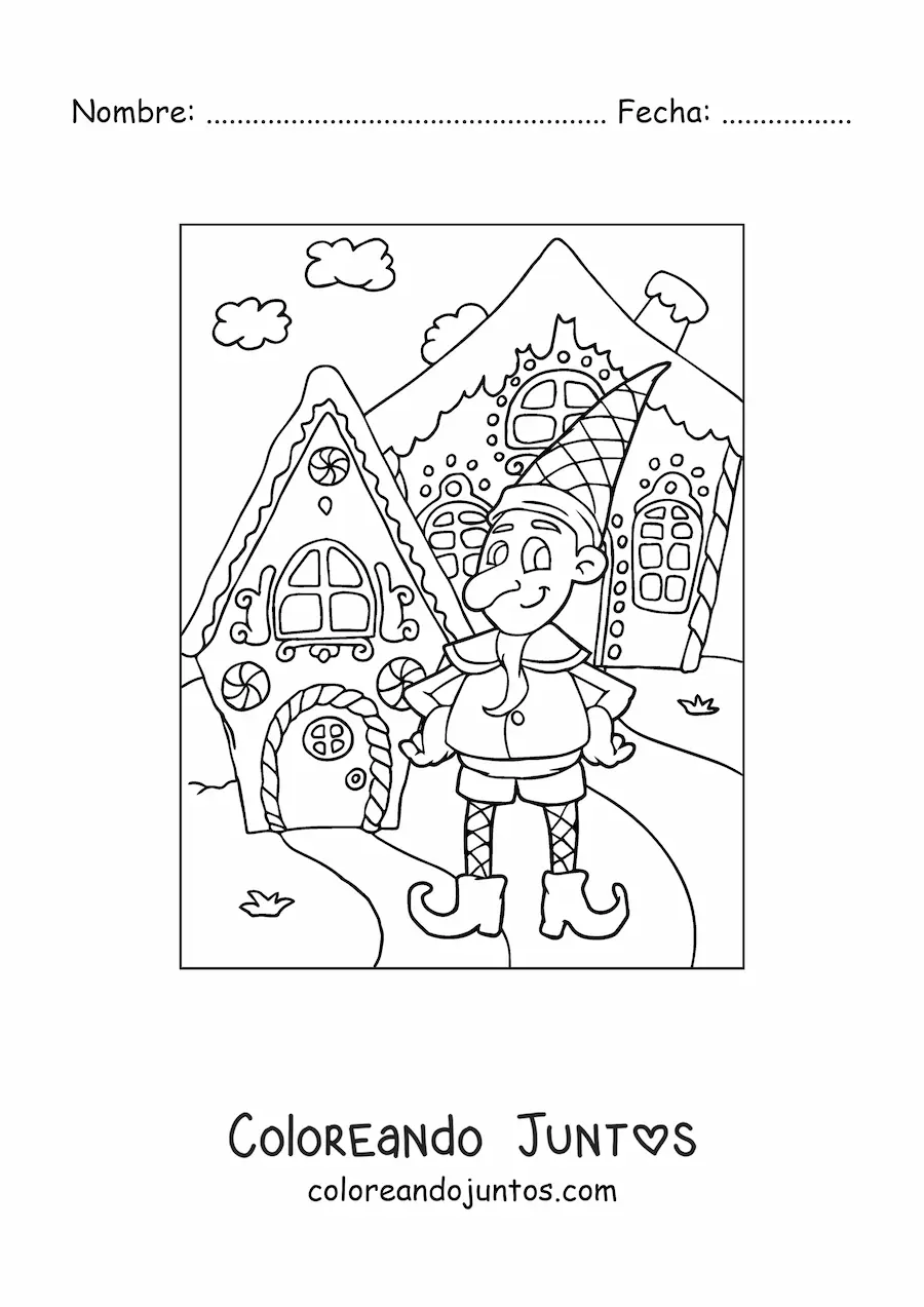 Imagen para colorear de duende de Navidad con casa de jengibre