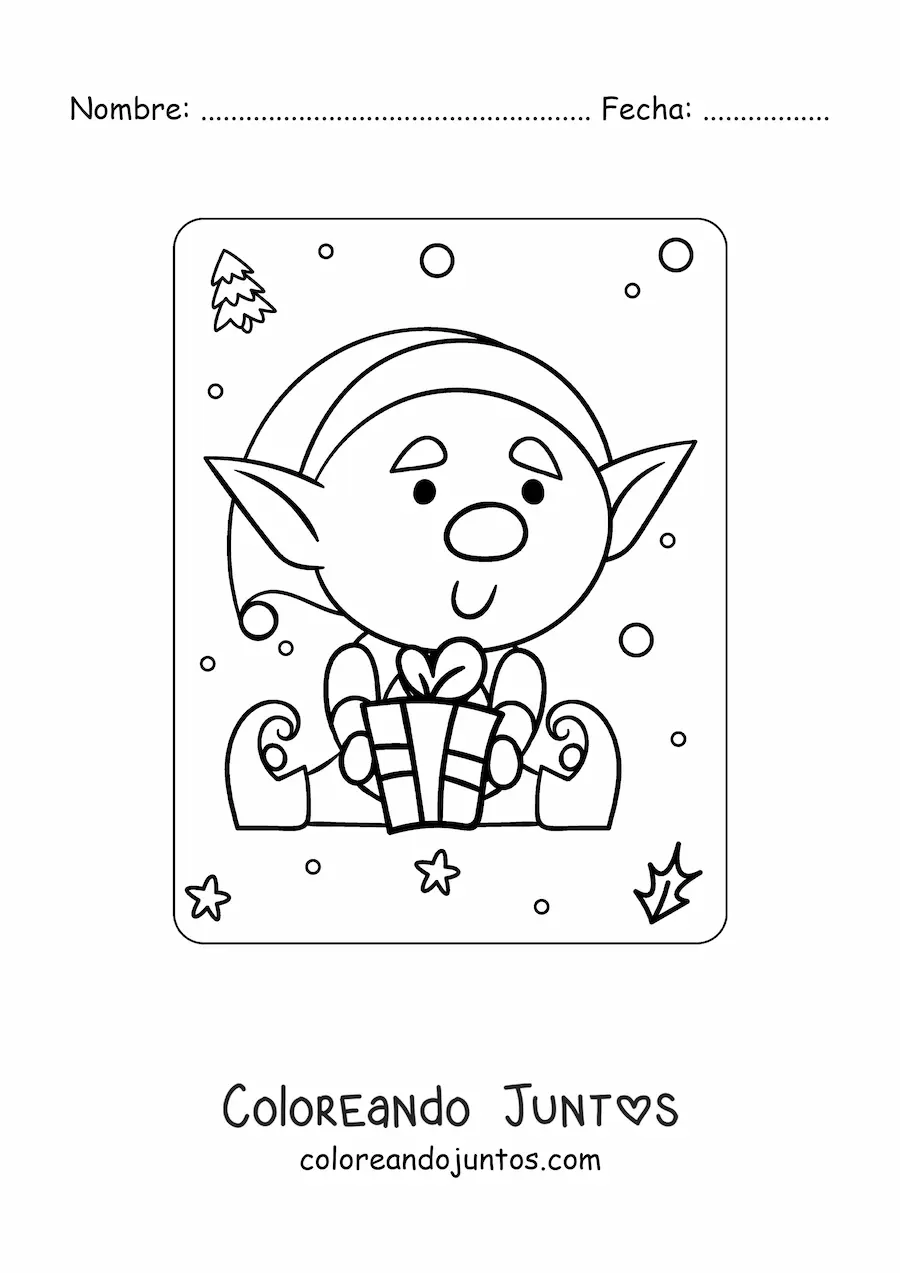 Imagen para colorear de elfo de Navidad animado sentado con regalo