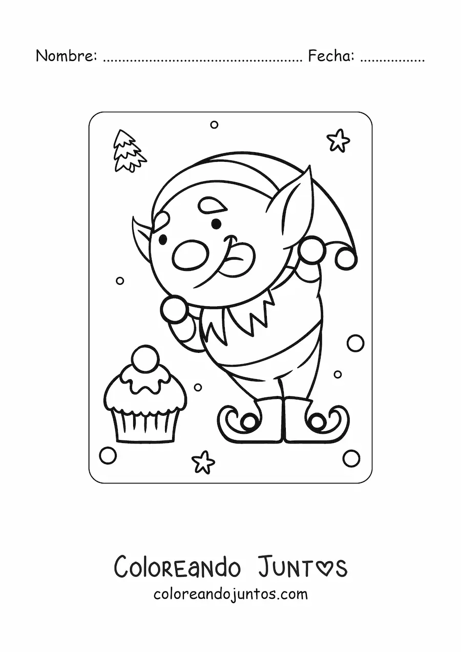 Imagen para colorear de elfo de Navidad animado con dulce