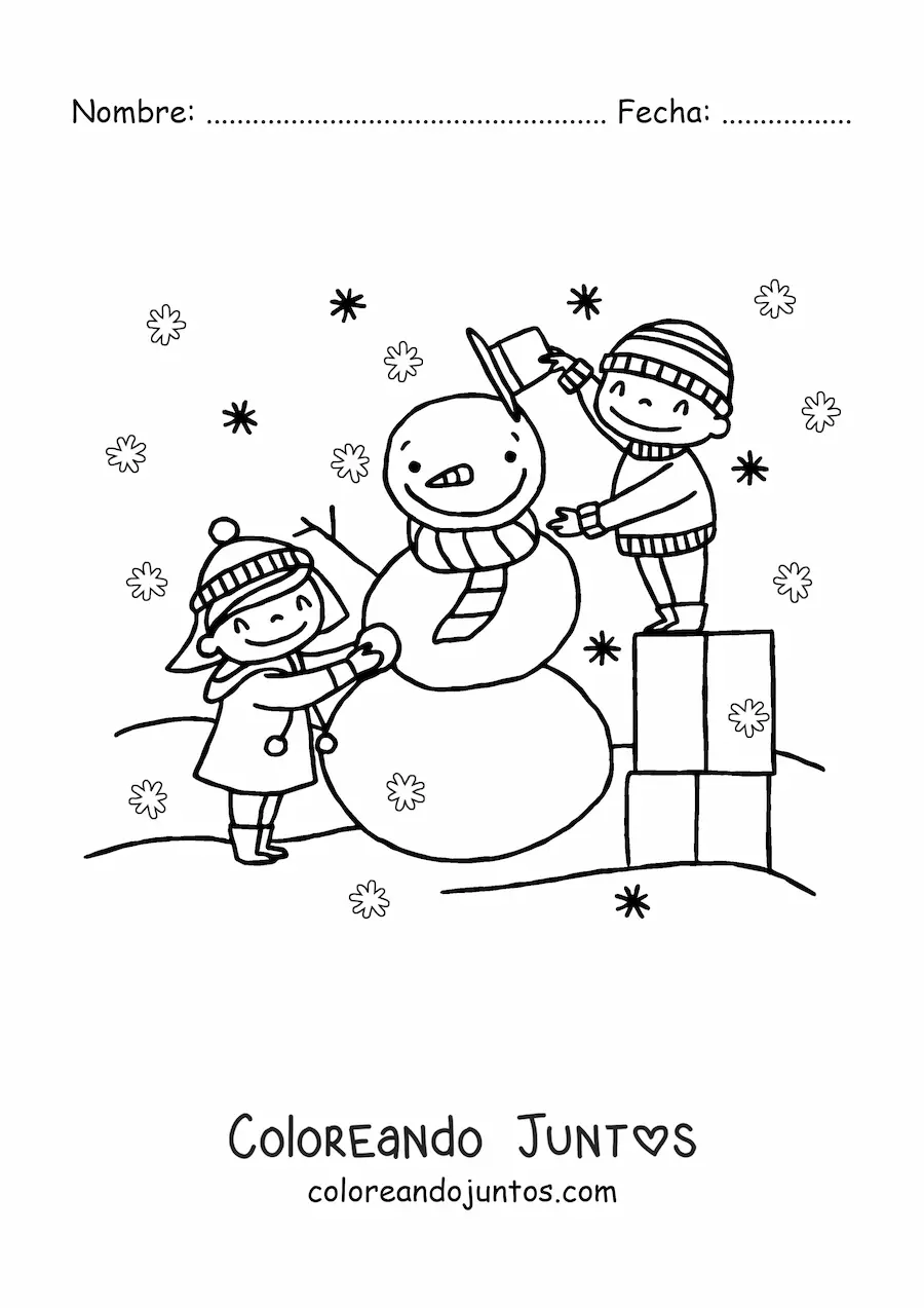 Imagen para colorear de niños armando un muñeco de nieve en Navidad