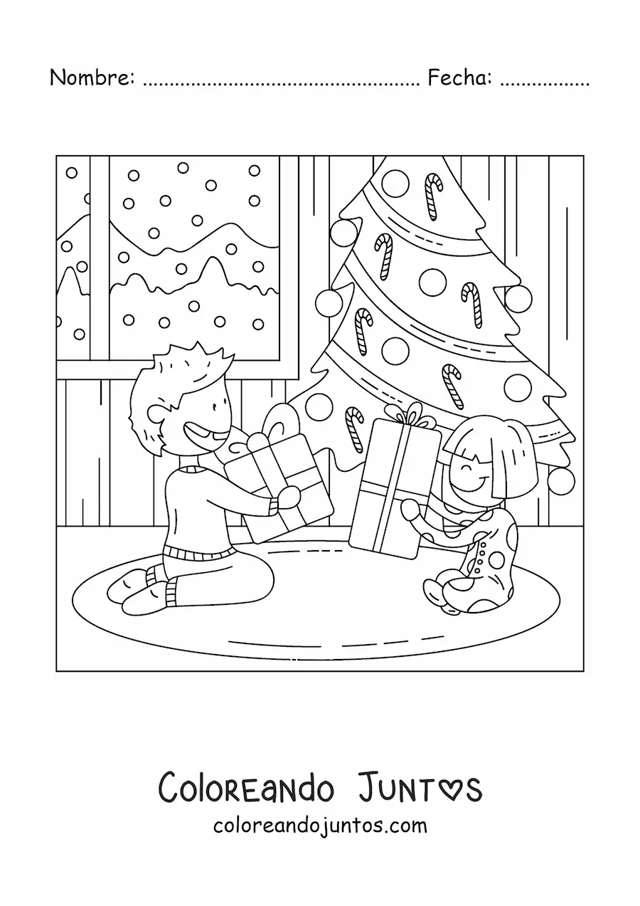 Imagen para colorear de niños abriendo regalos en Navidad en casa