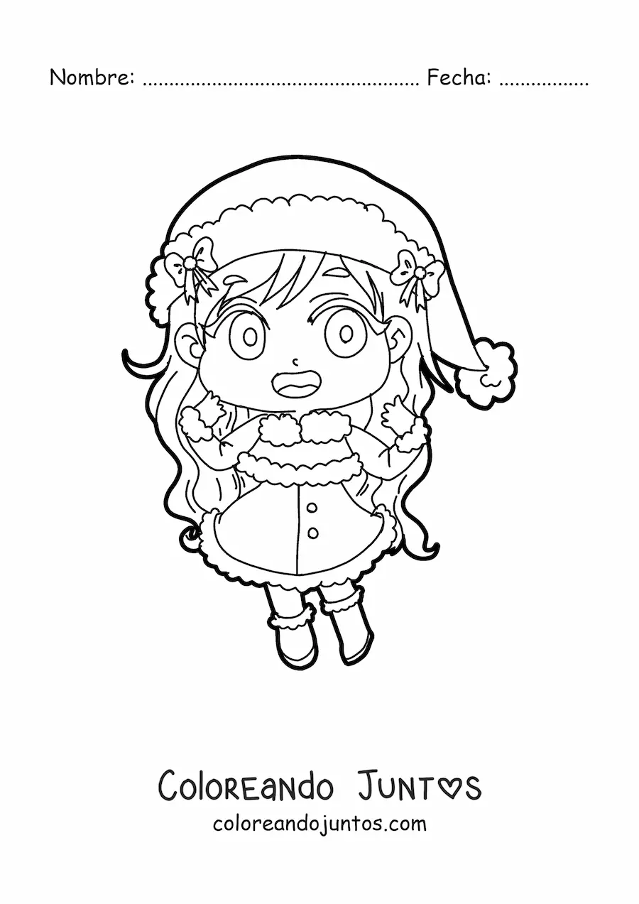 Imagen para colorear de niña kawaii con vestido de Navidad estilo anime
