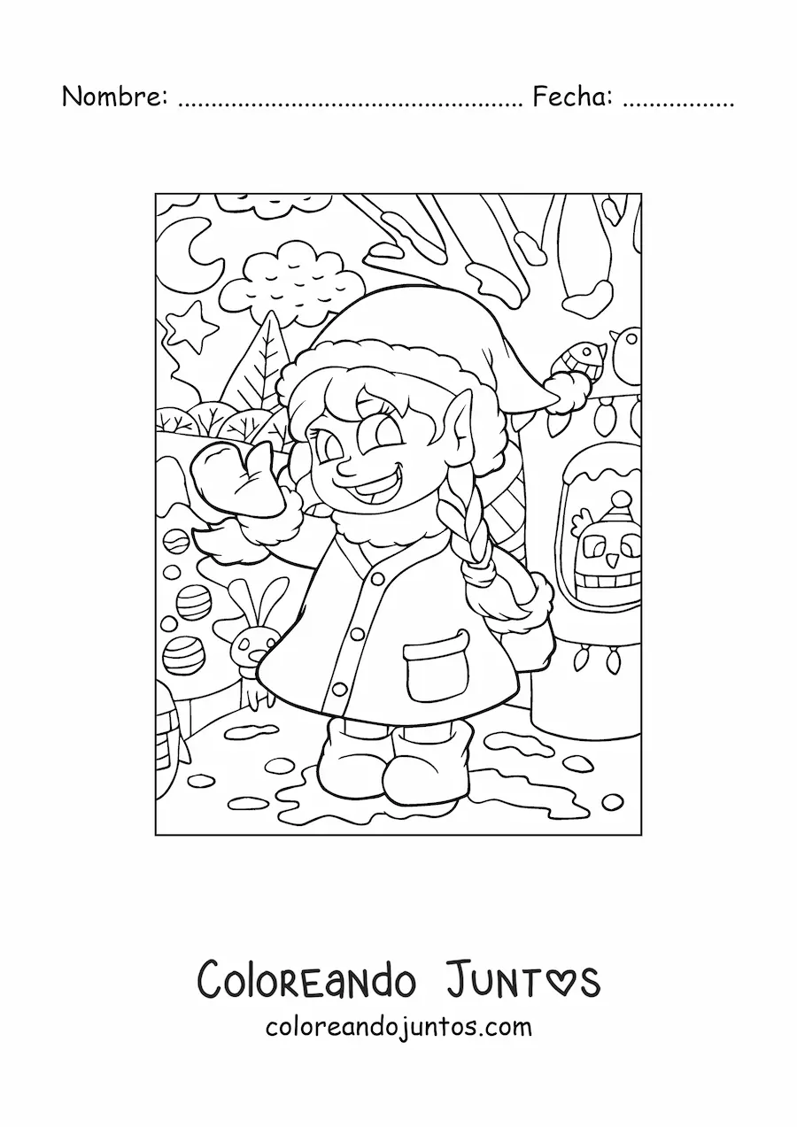 Imagen para colorear de niña jugando en la nieve en Navidad