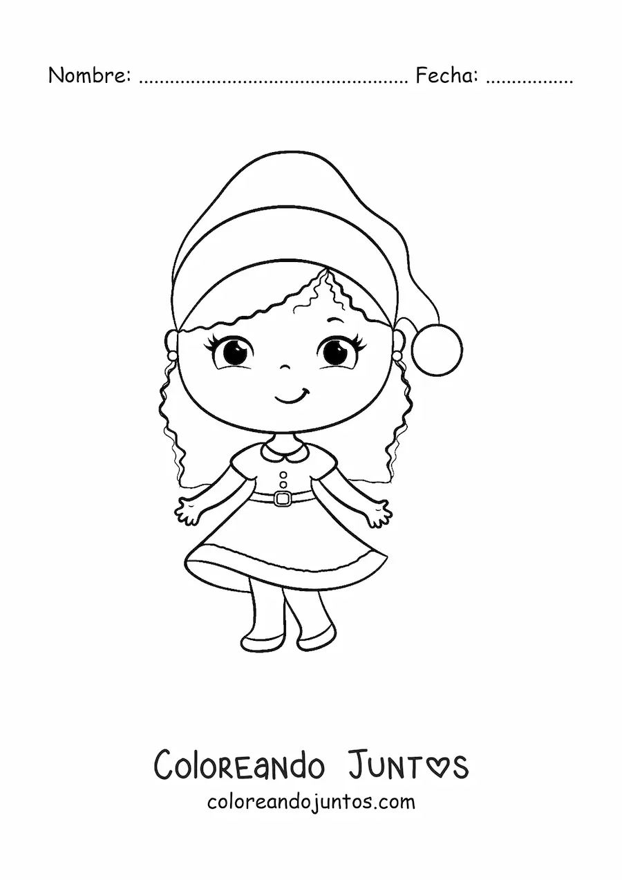 Imagen para colorear de niña con vestido de Navidad