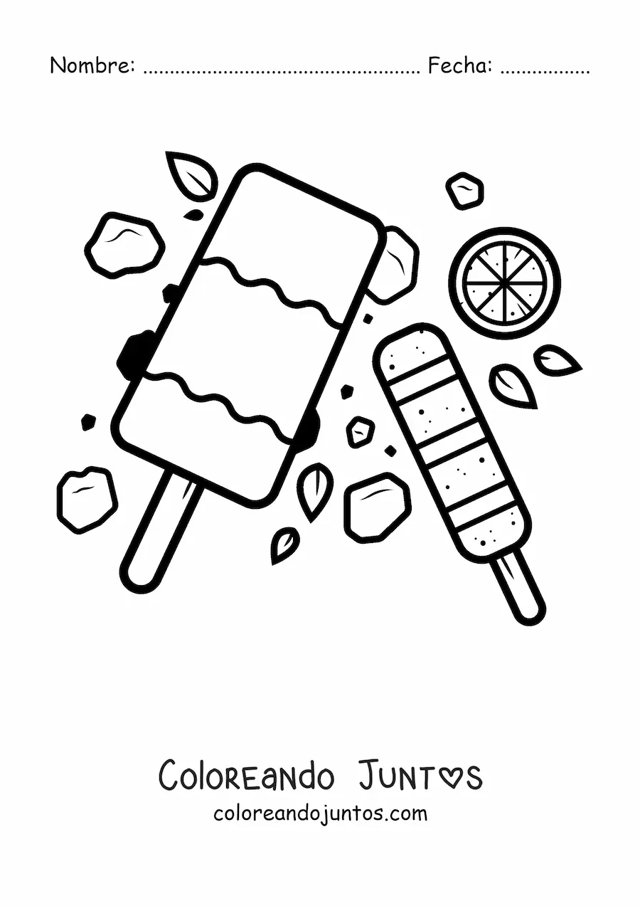 Imagen para colorear de dos paletas de helado con una rodaja de limón