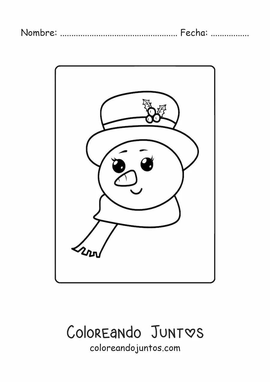 Imagen para colorear de cara de muñeco de nieve kawaii con sombrero y bufanda