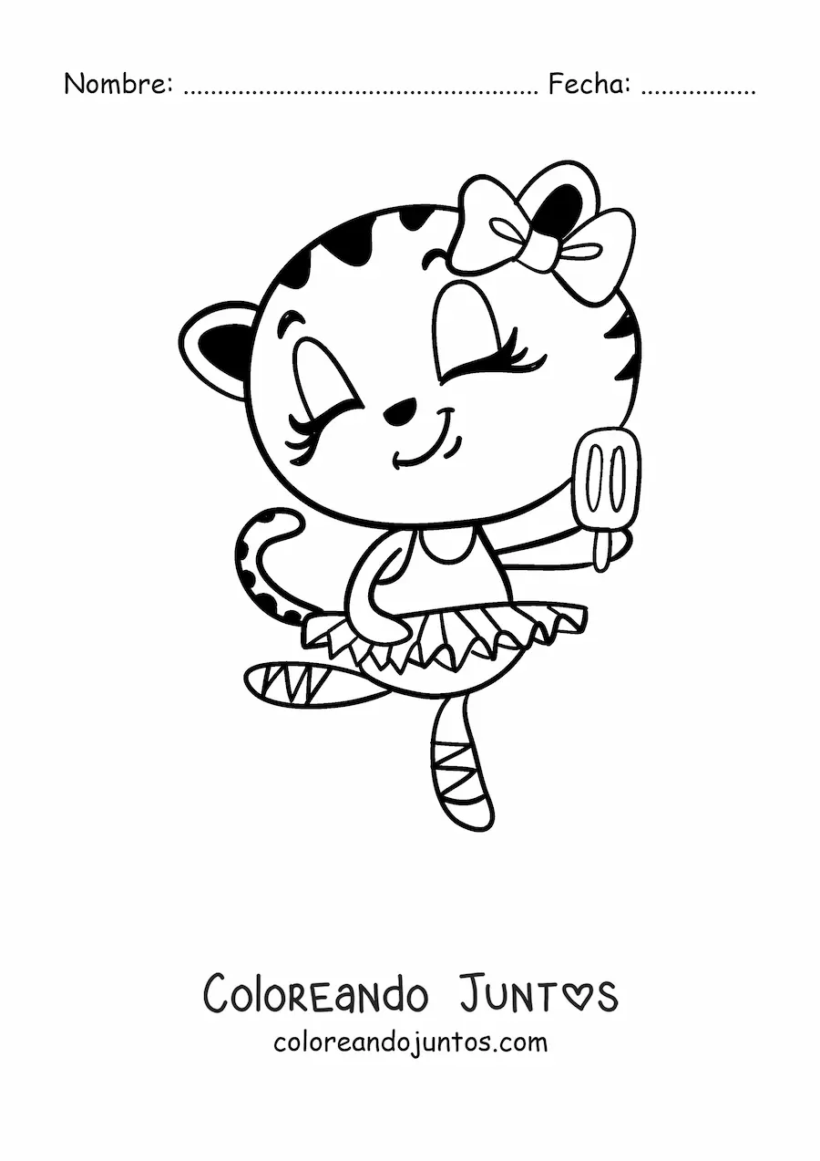 Imagen para colorear de una gata bailarina animada comiendo helado