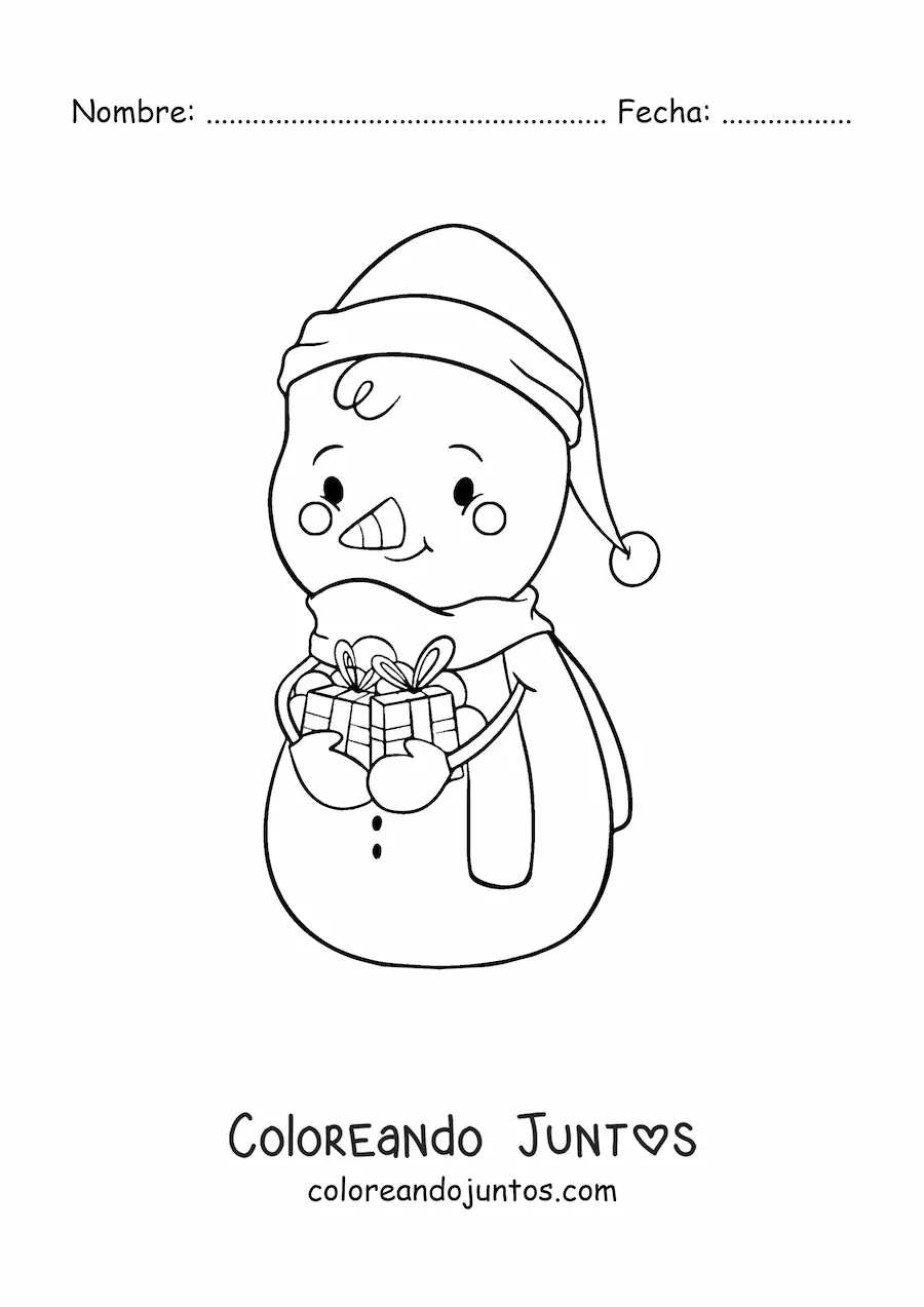 Imagen para colorear de muñeco de nieve kawaii con regalos